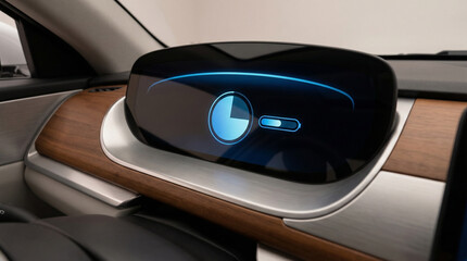 The car's modern dashboard displays a battery charging symbol and circular indicator. Elegant wood grain paneling accentuates the sophisticated interior design.