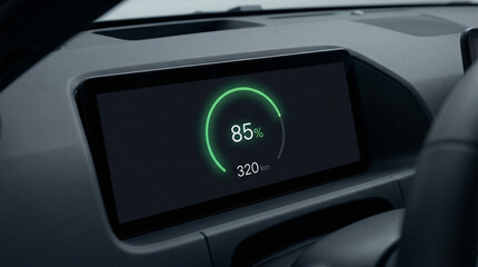 In the vehicle's sleek dashboard, a screen shows a vibrant green circle indicating 85% battery, displaying a range of 320 kilometers, promising an adventurous journey ahead.