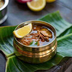 Authentic Indian Chicken Curry Served in a Traditional Brass Bowl on Banana Leaf.