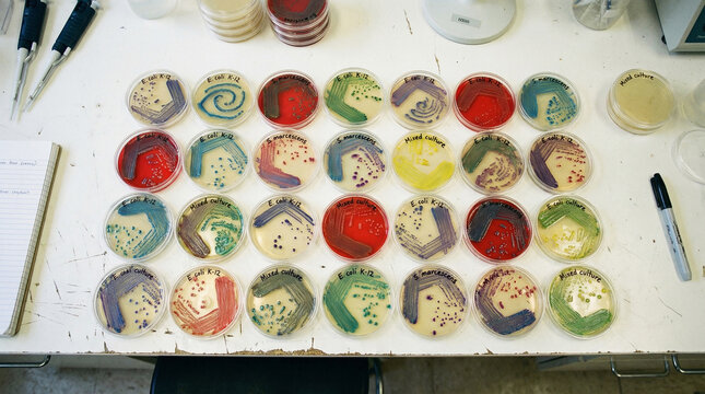 Multiple Petri dishes showcasing various vibrant microbial cultures, possibly Escherichia coli and Serratia marcescens, spread across a laboratory countertop.