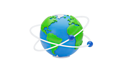 3D Earth Globe with Orbiting Spheres on White Background