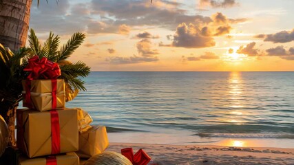 Golden sunset bathes festive gifts and ornaments at a palm tree base on a serene tropical 