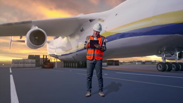 Full Body Of Asian Male Engineer With Safety Helmet Taking Note On The Tablet And Looking Around While Standing at Airport with Massive Cargo Aircraft Loading Freight