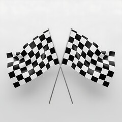 Crossed checkered racing flags featuring a classic black and white pattern set against a stark white empty background