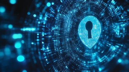 Digital security futuristic keyhole icon in abstract technological network