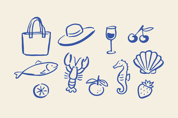 Summer beach naive icons doodle vector illustration