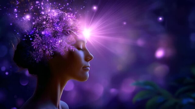 Faceless female silhouette receiving a stream of purple light entering the crown of the head, pineal gland activation symbolism, soft defocused nature background, with copy space