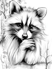 Expressive black and white illustration of a fluffy raccoon with bright eyes and folded paws, framed by delicate branches, ideal for posters, cards, and coloring pages.