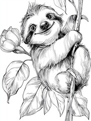 Delightful monochrome illustration of a smiling young sloth clutching a blooming branch, blending adorable character art with botanical detail for coloring pages and decor.