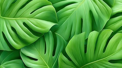 Overlapping green monstera leaves create a rich, seamless foliage pattern with vivid detail and depth, ideal for nature branding, textiles, wallpapers, and packaging.