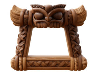 Intricately carved wooden frame with tribal mask design