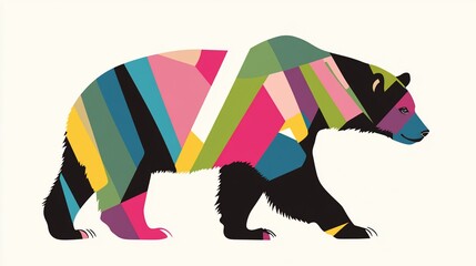 Colorful geometric bear profile, white background, art print
