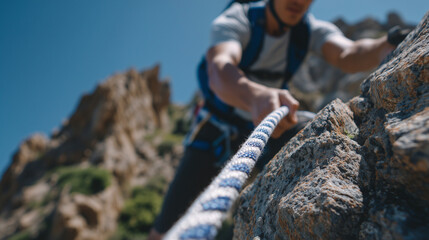 Macro shot of a rope running through an ATC belay device, fibers compressed under load, hands maintaining proper belay stance, blurred cliffside background, rock climbing safety, b