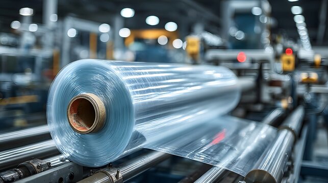 Large roll of clear plastic film sits on an industrial machine in a clean manufacturing environment illuminated by bright factory lighting.