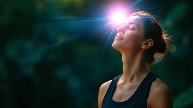 Faceless spiritual woman silhouette practicing third eye meditation, ajna chakra light glowing at the forehead, natural environment, defocused background, with copy space