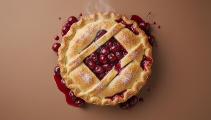 Cherry pie with lattice crust on a brown background  