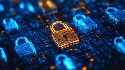 Digital security gold padlock surrounded by blue lock icons and circuitry