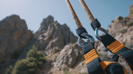 Macro view of a climberâs harness and belay device under load while rappelling, rope fibers stretched and taut, metal carabiners catching sunlight, blurred rocky background, techni