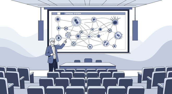 Lecturer explains immune system complexity using projection screen in auditorium setting