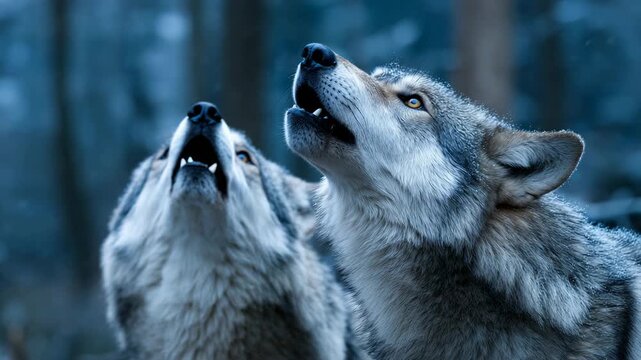 Wolf howling at moon in snowy forest