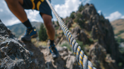 Close-up of rope running across the rock face during rappel, rope fibers and abrasion marks visible, climberâs leg and harness partially in frame, blurred vertical drop behind, out
