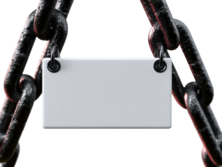 Blank metal sign hanging from chains on black background