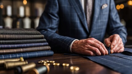 Tailor sewing black cloth for suit with needle and thread