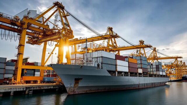 Large ship at dock during loading process with cranes working in the port
