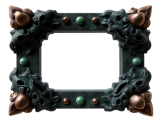 Ornate black frame with copper and green accents