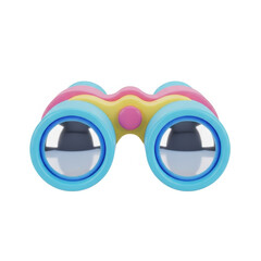 A pair of colorful children's binoculars viewed from the front against a white background