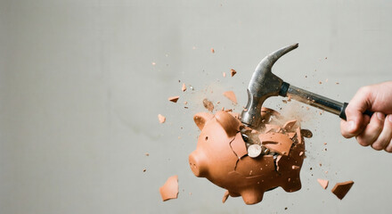Smash piggy bank broken saving hammer money debt crisis financial stress budget failure savings concept coin explosion economic pressure personal finance fragment clay destruction risk loss