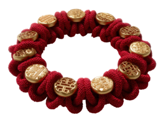 Golden coin adorned red braided bracelet with chinese patterns