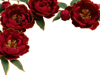 Elegant red peonies with gold accents frame on black background