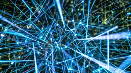 Abstract network of interconnected lines, nodes, and dots emitting vibrant blue light