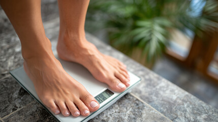 Top-down close-up of a woman&acirc;s feet on a scale after waking up, soft daylight, calm bathroom atmosphere, daily health routine and body weight awareness visual