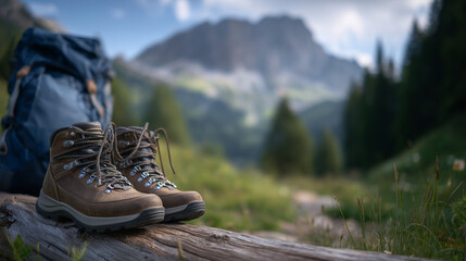 Macro-style close-up of hiking boots resting on a log beside a packed rucksack, detailed stitching, laces, and scuffed leather visible, alpine trail background softly blurred, outd