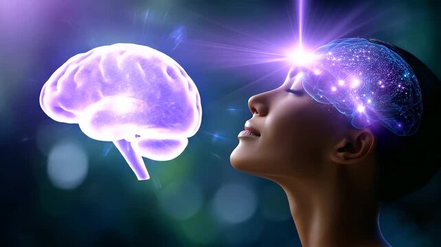 Faceless female silhouette receiving a stream of purple light entering the crown of the head, pineal gland activation symbolism, soft defocused nature background, with copy space