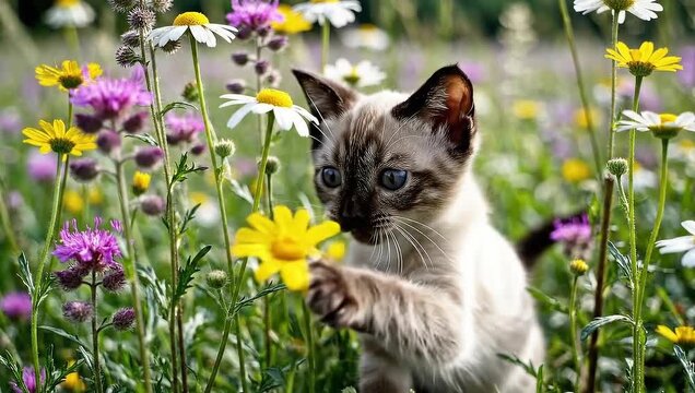 Adorable Siamese kitten exploring a vibrant field of wildflowers on a sunny day.