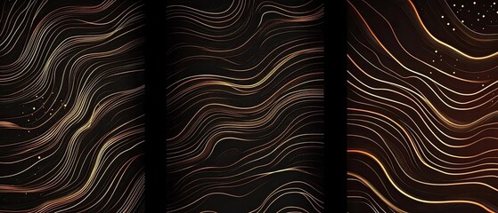 A luxurious triptych of flowing abstract waves in black, gold, and bronze with subtle sparkling particles on a dark background
