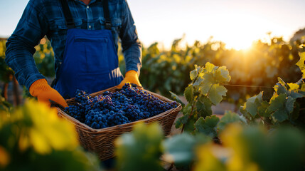Close-up of vineyard worker&acirc;s gloved hands holding pruning shears and a basket of grapes, sunlit vines stretching into the distance, rural harvest and wine industry foundation visu
