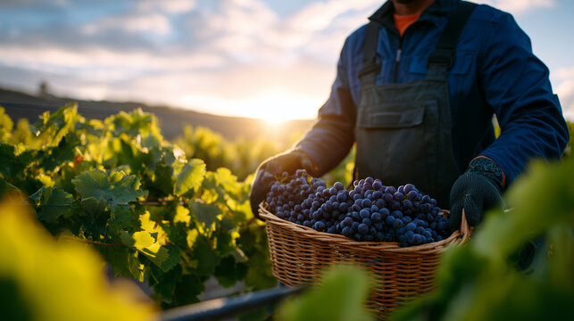 Close-up of vineyard worker&acirc;s gloved hands holding pruning shears and a basket of grapes, sunlit vines stretching into the distance, rural harvest and wine industry foundation visu