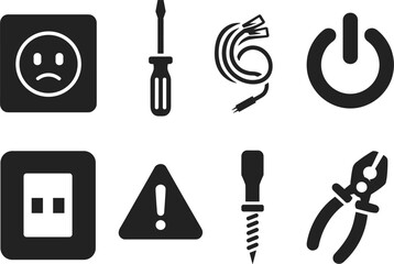 Obraz premium Electrical and warning symbols icon set on white background Keywords: electricity, power, socket, outlet, plug, cable, wire