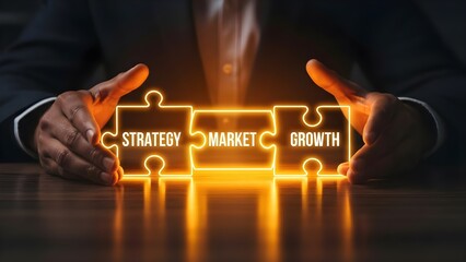 Close-up of a businessman assembling glowing puzzle pieces labeled strategy, market, and growth on a table with a dark background and warm lighting.