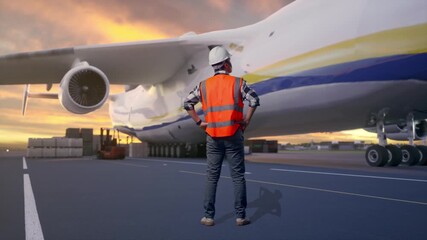 Full Body Back View Of A Male Engineer Wearing Safety Helmet Looking Around While Standing With Arms Akimbo at Airport with Massive Cargo Aircraft Loading Freight