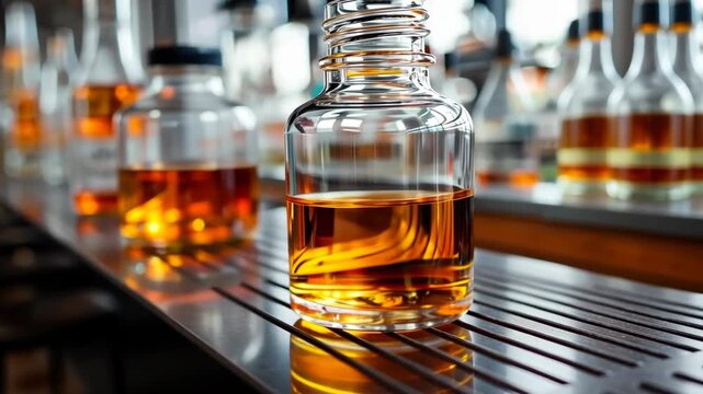 Distillation process at a distillery with collection of amber liquid in clear glass bottles from various angles in a well-lit space