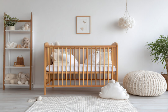 Wooden baby crib in a bright minimal nursery room.