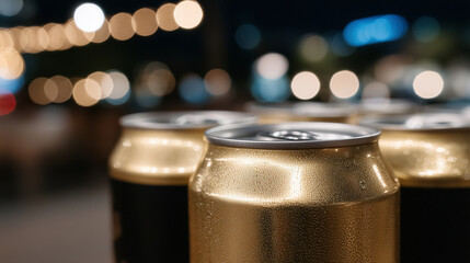 Macro close-up of beer cans raised together, metallic rims touching, gold can glowing under ambient light, festive social gathering and drinks promotion concept