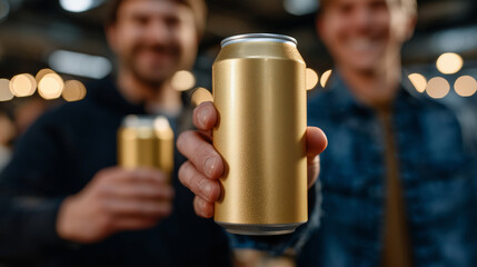 Close-up of a celebratory toast with beer cans, gold can centered in frame, soft indoor lighting, friends enjoying a social moment, event and party concept