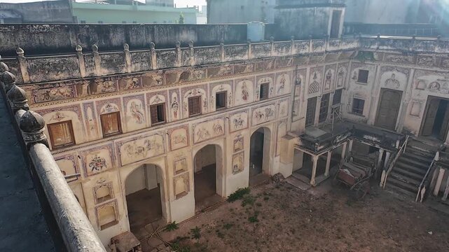 Detailed View of Medieval Period Haveli Interior Walls with Ornate Fresco Murals and Traditional Patterns, Nawalgarh Rajasthan, India