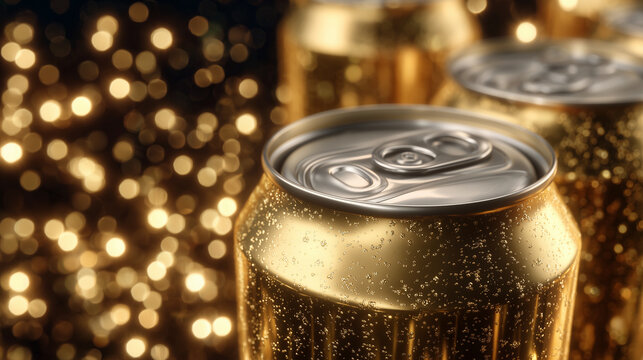 Macro close-up of beer cans raised together, metallic rims touching, gold can glowing under ambient light, festive social gathering and drinks promotion concept - Powered by Adobe